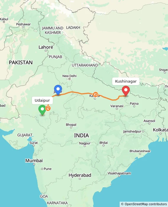 Route map showing distance and travel time from Udaipur, India to Kushinagar, India