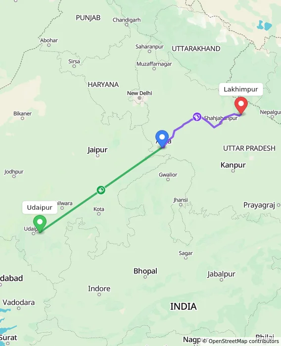 Route map showing distance and travel time from Udaipur, India to Lakhimpur, India