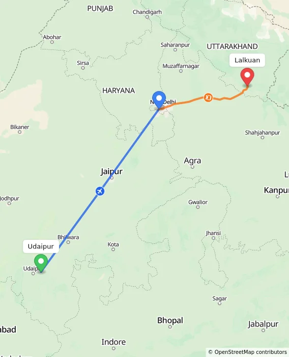 Route map showing distance and travel time from Udaipur, India to Lalkuan, India