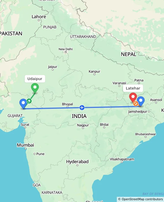 Route map showing distance and travel time from Udaipur, India to Latehar, India