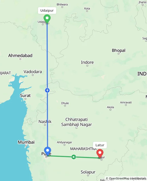 Route map showing distance and travel time from Udaipur, India to Latur, India
