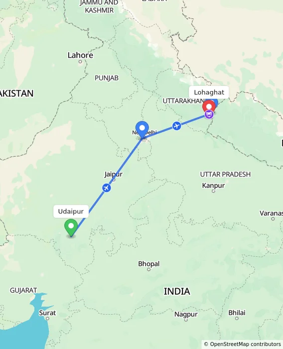 Route map showing distance and travel time from Udaipur, India to Lohaghat, India