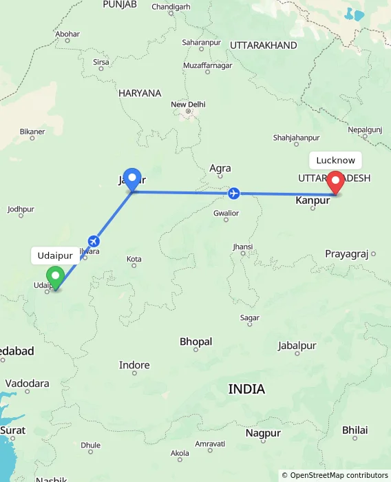 Route map showing distance and travel time from Udaipur, India to Lucknow, India