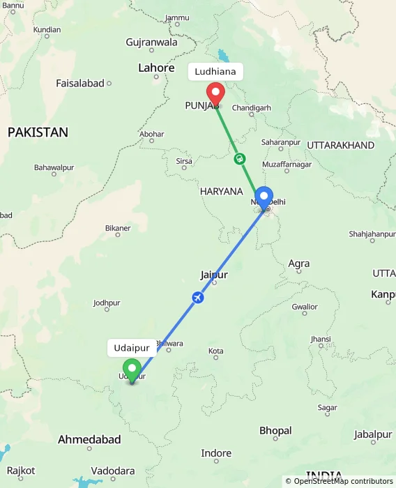 Route map showing distance and travel time from Udaipur, India to Ludhiana, India