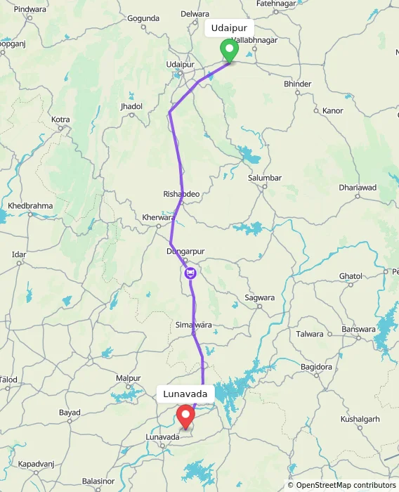 Route map showing distance and travel time from Udaipur, India to Lunavada, India