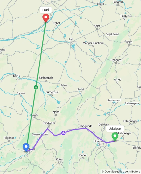 Route map showing distance and travel time from Udaipur, India to Luni, India