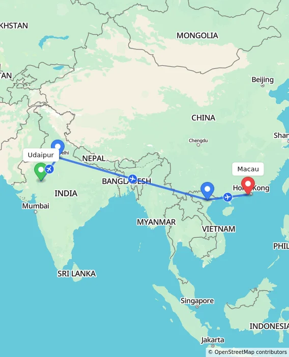 Route map showing distance and travel time from Udaipur, India to Macau, Macau (Special Administrative Region of China)