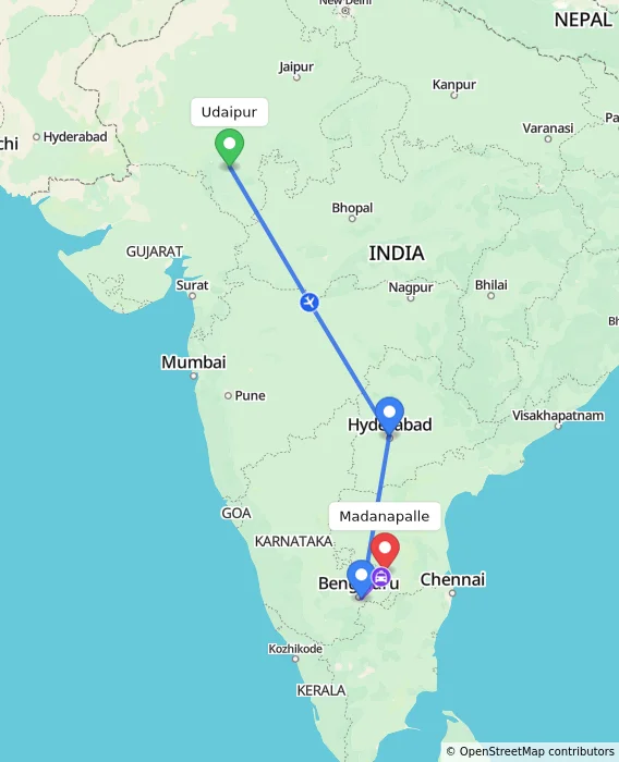 Route map showing distance and travel time from Udaipur, India to Madanapalle, India