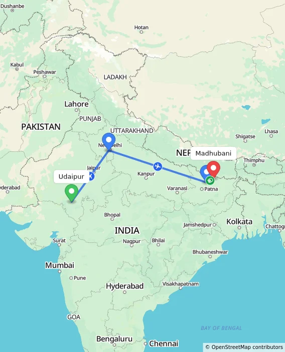 Route map showing distance and travel time from Udaipur, India to Madhubani, India