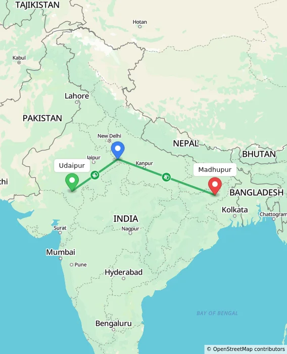 Route map showing distance and travel time from Udaipur, India to Madhupur, India