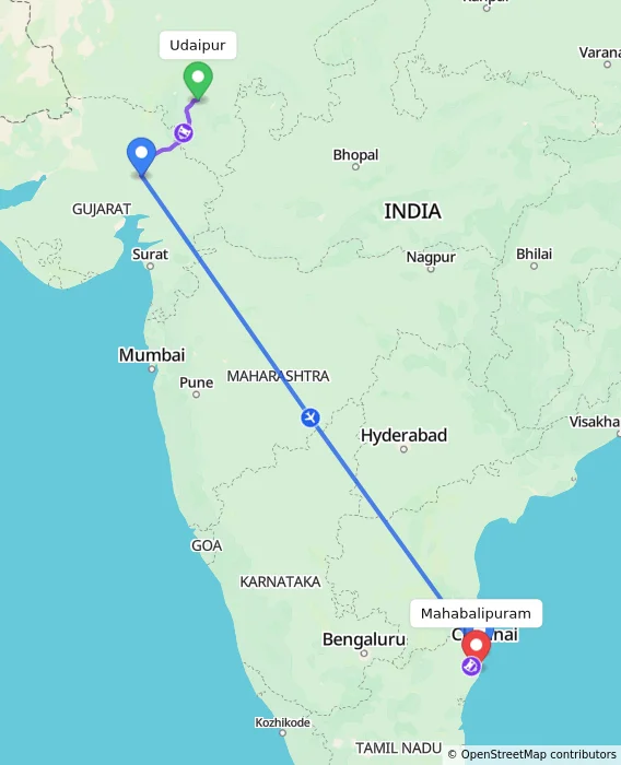 Route map showing distance and travel time from Udaipur, India to Mahabalipuram, India