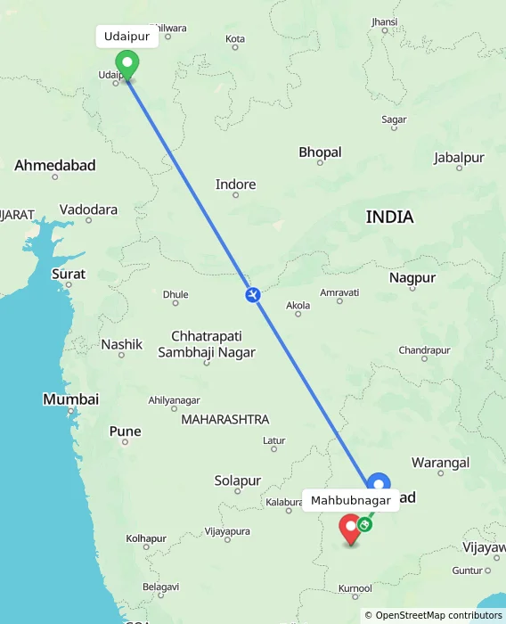 Route map showing distance and travel time from Udaipur, India to Mahbubnagar, India