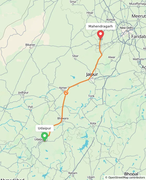 Route map showing distance and travel time from Udaipur, India to Mahendragarh, India