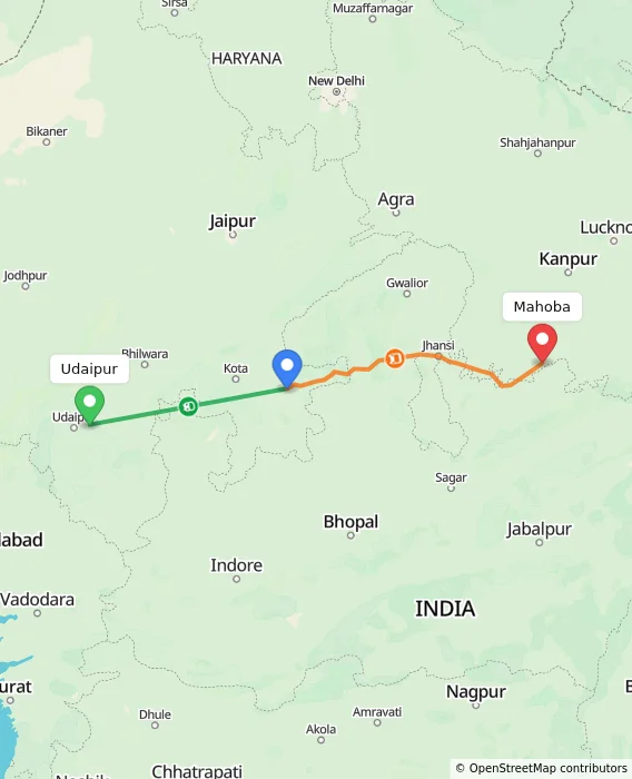 Route map showing distance and travel time from Udaipur, India to Mahoba, India