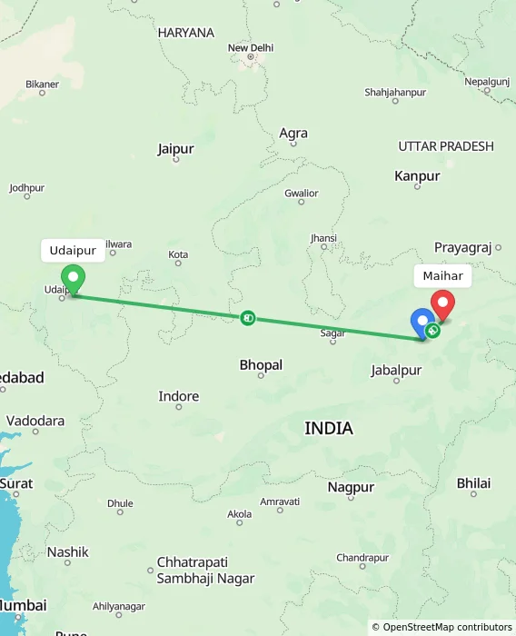 Route map showing distance and travel time from Udaipur, India to Maihar, India