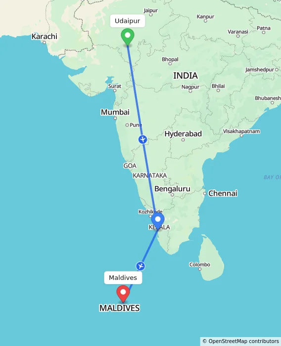 Route map showing distance and travel time from Udaipur, India to Maldives, Maldives