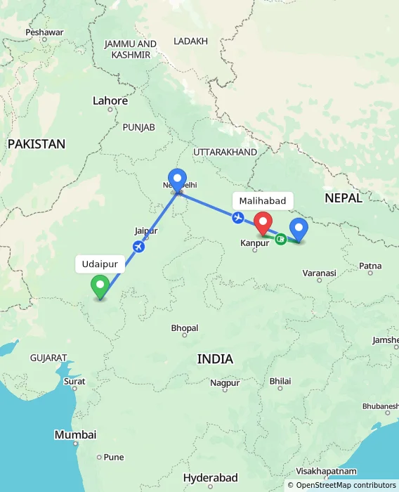 Route map showing distance and travel time from Udaipur, India to Malihabad, India