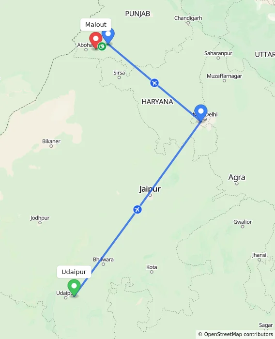 Route map showing distance and travel time from Udaipur, India to Malout, India