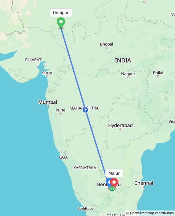 Route map showing distance and travel time from Udaipur, India to Malur, India