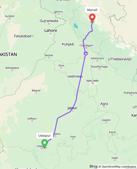 Route map showing distance and travel time from Udaipur, India to Manali, India