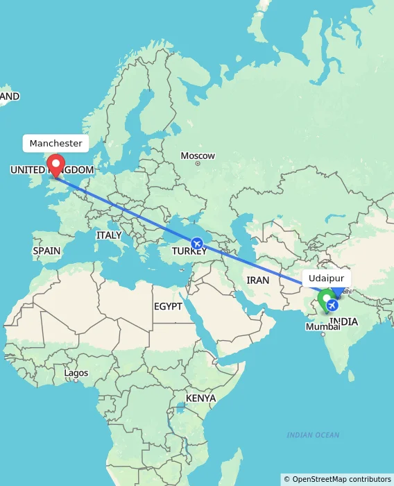 Route map showing distance and travel time from Udaipur, India to Manchester, United Kingdom