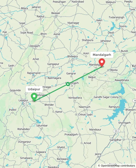 Route map showing distance and travel time from Udaipur, India to Mandalgarh, India
