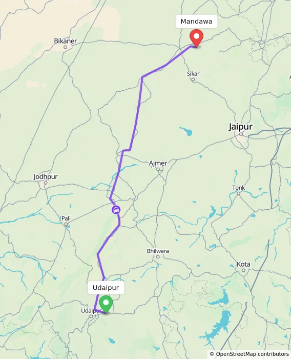 Route map showing distance and travel time from Udaipur, India to Mandawa, India