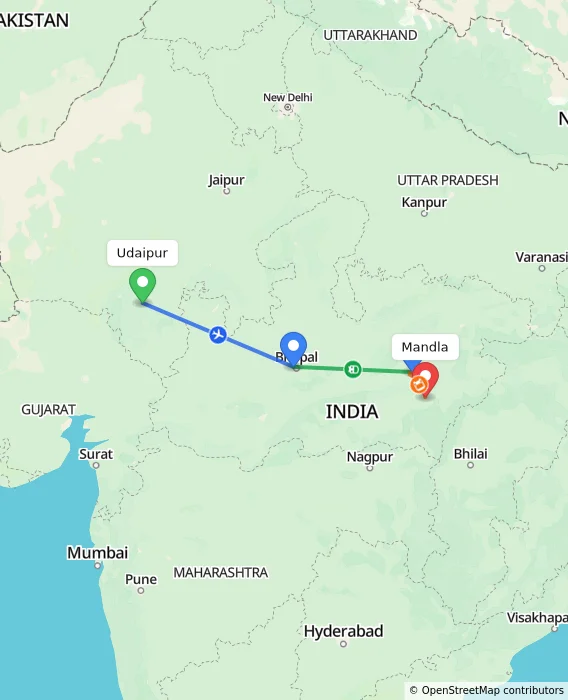 Route map showing distance and travel time from Udaipur, India to Mandla, India