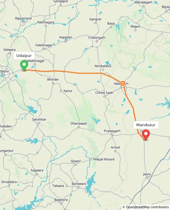 Route map showing distance and travel time from Udaipur, India to Mandsaur, India