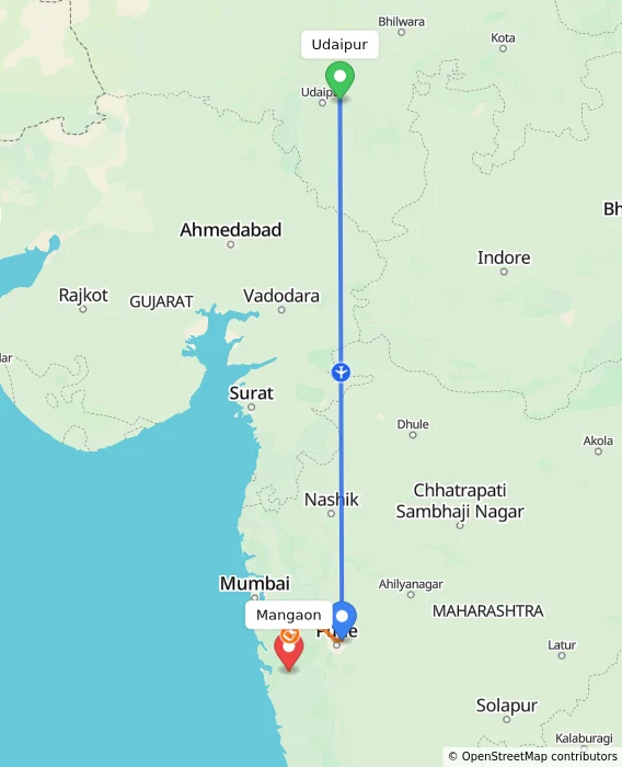Route map showing distance and travel time from Udaipur, India to Mangaon, India