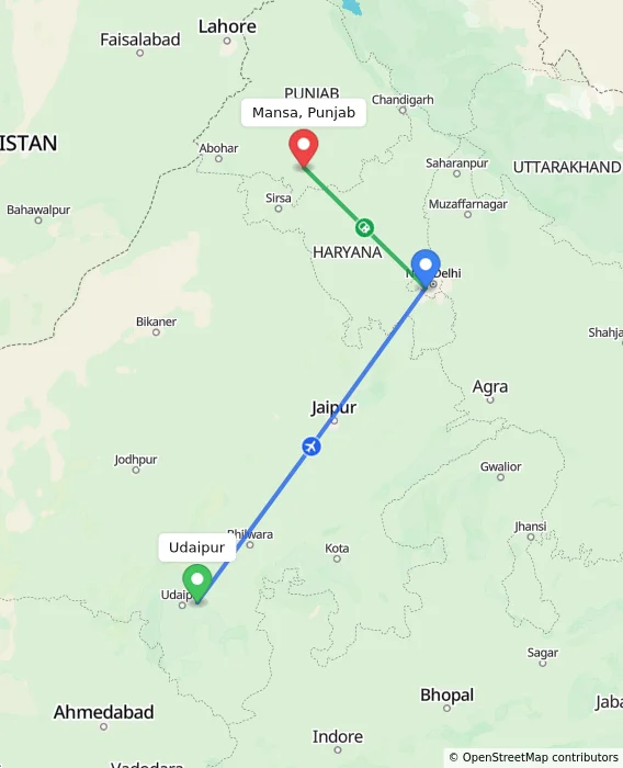 Route map showing distance and travel time from Udaipur, India to Mansa, Punjab, India