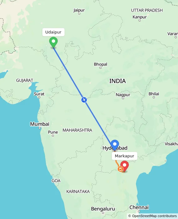 Route map showing distance and travel time from Udaipur, India to Markapur, India