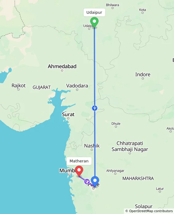 Route map showing distance and travel time from Udaipur, India to Matheran, India