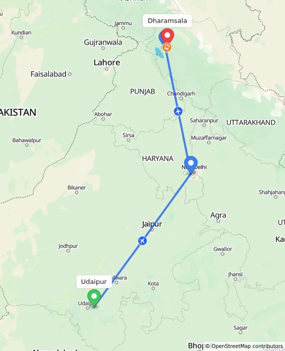 Route map showing distance and travel time from Udaipur, India to Dharamsala, India