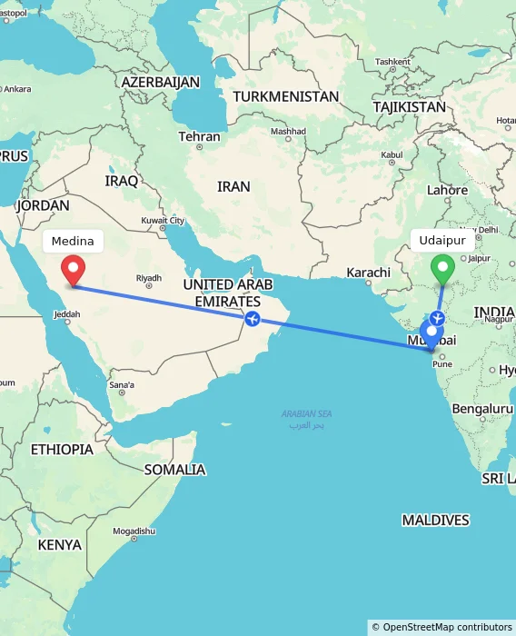 Route map showing distance and travel time from Udaipur, India to Medina, Saudi Arabia