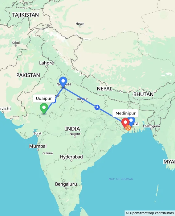Route map showing distance and travel time from Udaipur, India to Medinipur, India