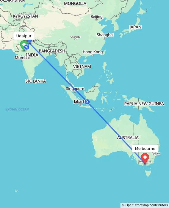 Route map showing distance and travel time from Udaipur, India to Melbourne, Australia