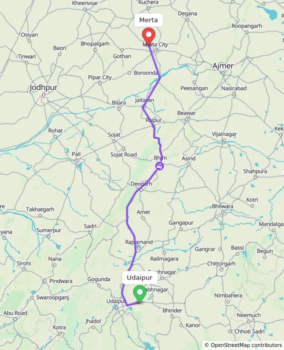 Route map showing distance and travel time from Udaipur, India to Merta, India