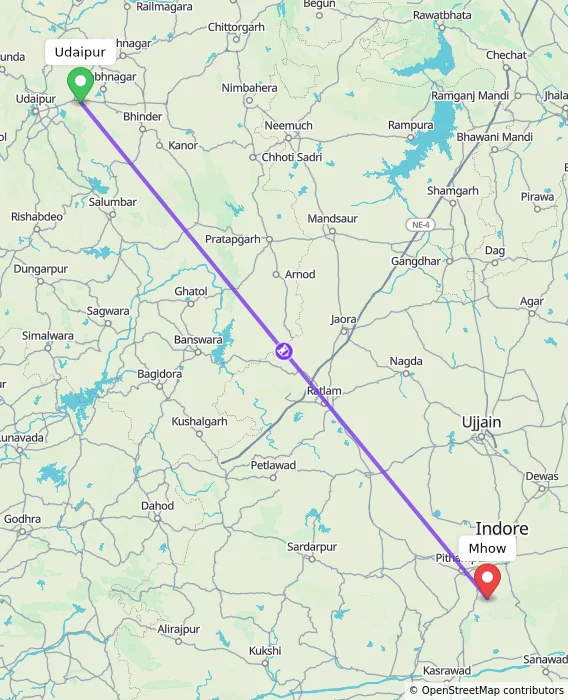 Route map showing distance and travel time from Udaipur, India to Mhow, India
