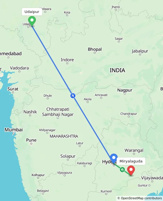 Route map showing distance and travel time from Udaipur, India to Miryalaguda, India