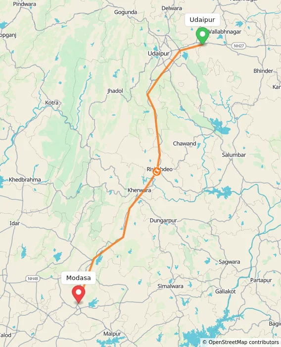 Route map showing distance and travel time from Udaipur, India to Modasa, India