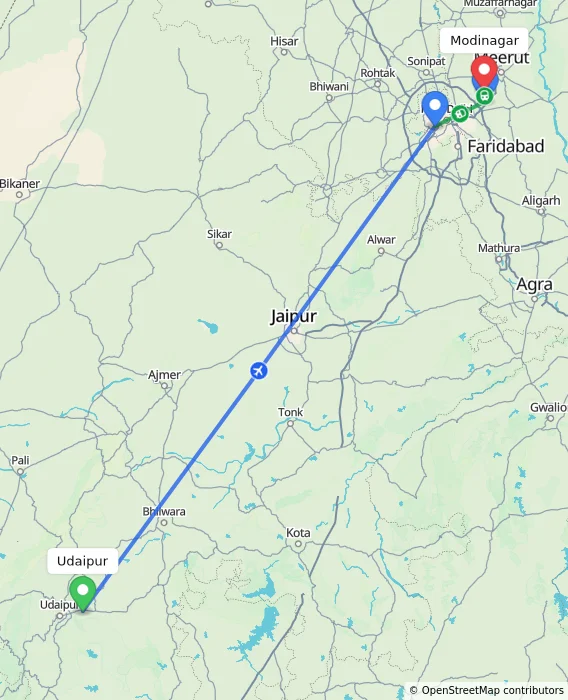 Route map showing distance and travel time from Udaipur, India to Modinagar, India