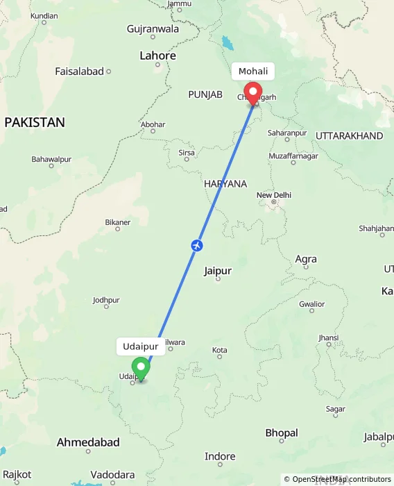 Route map showing distance and travel time from Udaipur, India to Mohali, India