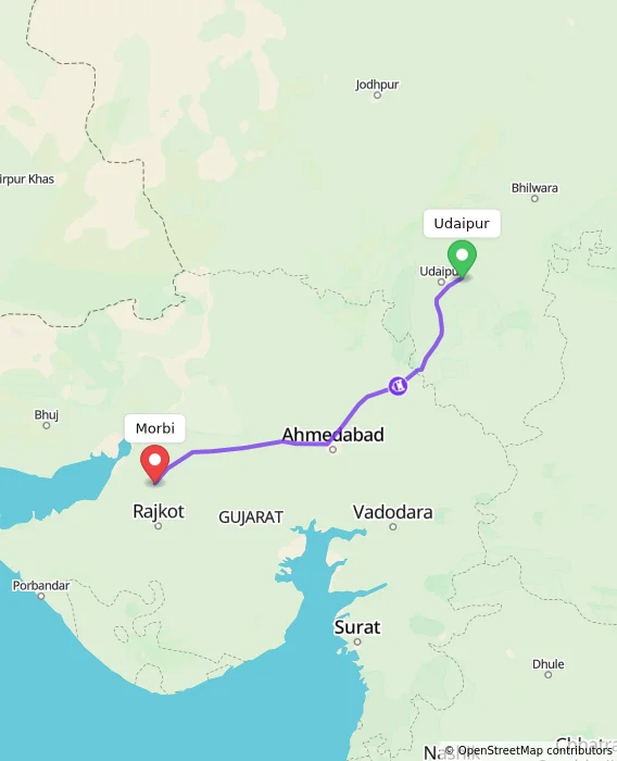 Route map showing distance and travel time from Udaipur, India to Morbi, India