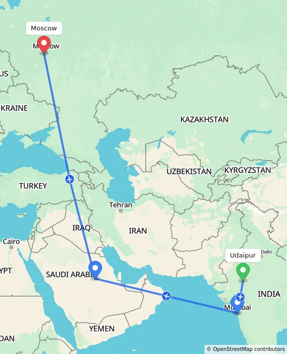 Route map showing distance and travel time from Udaipur, India to Moscow, Russian Federation