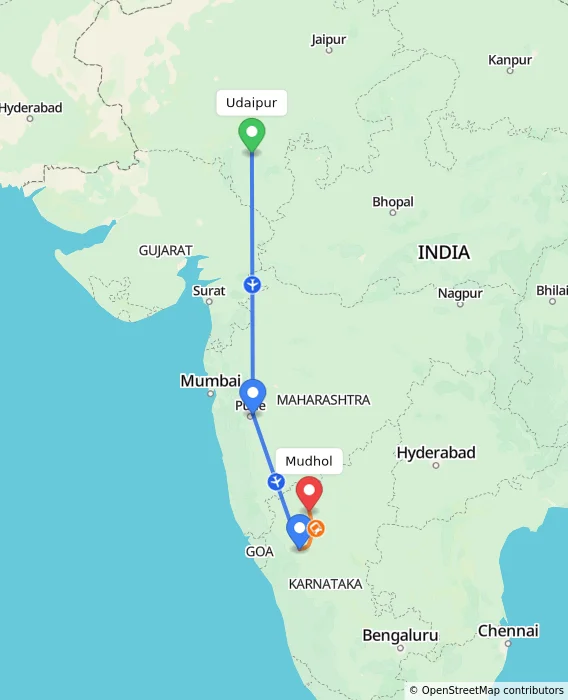 Route map showing distance and travel time from Udaipur, India to Mudhol, India