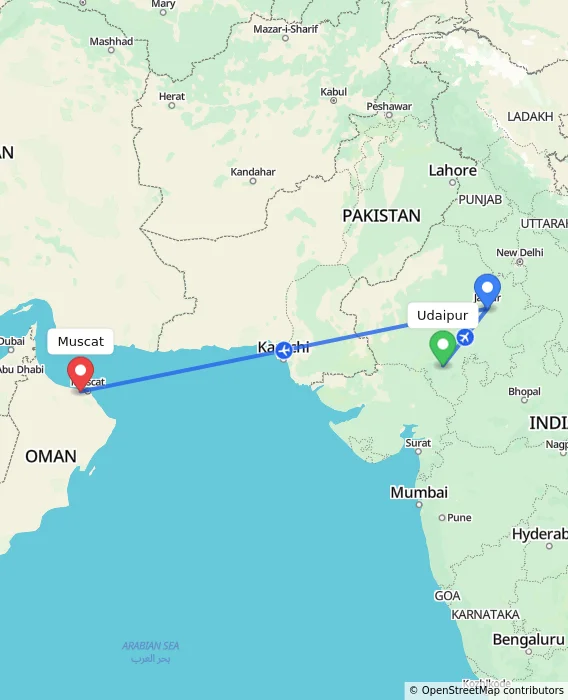 Route map showing distance and travel time from Udaipur, India to Muscat, Oman