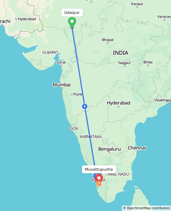 Route map showing distance and travel time from Udaipur, India to Muvattupuzha, India