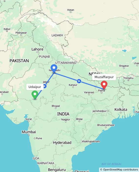Route map showing distance and travel time from Udaipur, India to Muzaffarpur, India