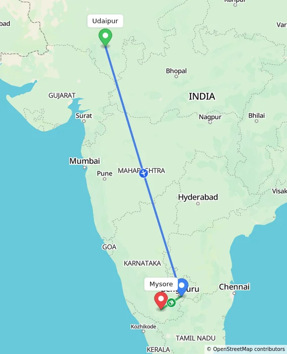 Route map showing distance and travel time from Udaipur, India to Mysore, India